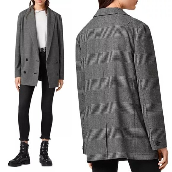 All Saints Helei Oversize Double Breasted Plaid Blazer Jacket Sz 10 Grey L - Picture 2 of 13